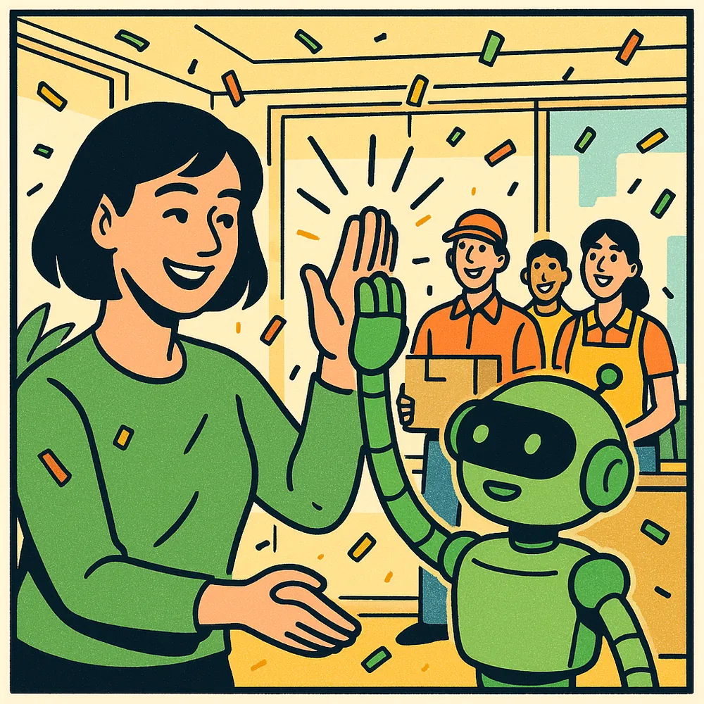 Рекрутер и робот Avitizer дают пять, на фоне довольные кандидаты
